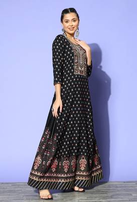 Black Zari Sequence Gota Work Foil Printed Viscose Rayon Kurta Skirt With Dupatta 3