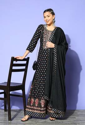 Black Zari Sequence Gota Work Foil Printed Viscose Rayon Kurta Skirt With Dupatta 4