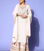 White Zari Sequence Gota Work Foil Printed Viscose Rayon Kurta Skirt With Dupatta