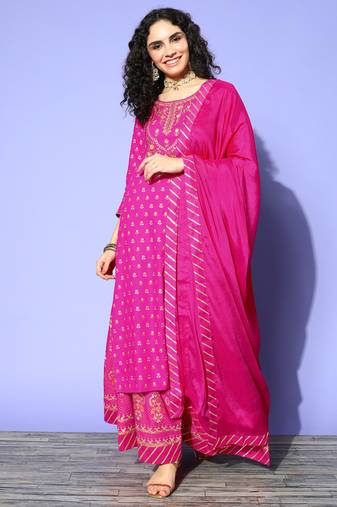 Green Pink Sequence Gota Work Foil Printed Viscose Rayon Kurta Skirt With Dupatta