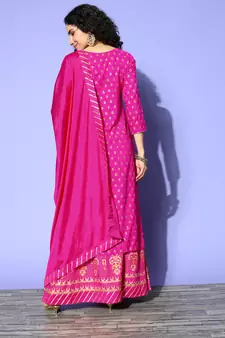 Green Pink Sequence Gota Work Foil Printed Viscose Rayon Kurta Skirt With Dupatta