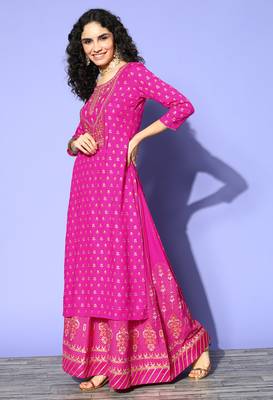 Green Pink Sequence Gota Work Foil Printed Viscose Rayon Kurta Skirt With Dupatta 3