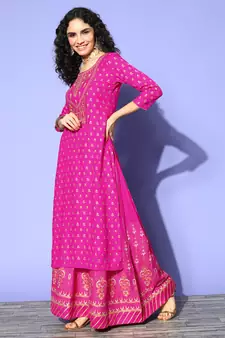 Green Pink Sequence Gota Work Foil Printed Viscose Rayon Kurta Skirt With Dupatta