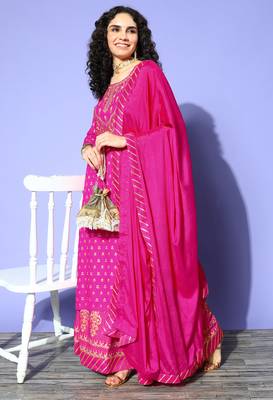 Green Pink Sequence Gota Work Foil Printed Viscose Rayon Kurta Skirt With Dupatta 4