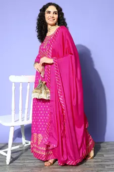 Green Pink Sequence Gota Work Foil Printed Viscose Rayon Kurta Skirt With Dupatta