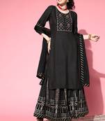 Black Zari Sequence Gota Work Foil Printed Viscose Rayon Kurta Skirt With Dupatta