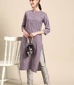 Mohvogue Women's Purple Striped Woven Design Cotton Blend Kurta.