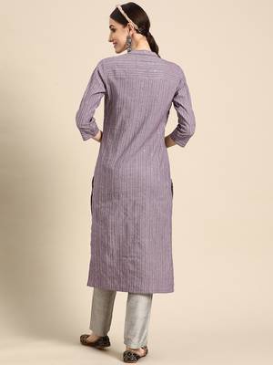 Mohvogue Women's Purple Striped Woven Design Cotton Blend Kurta. 2