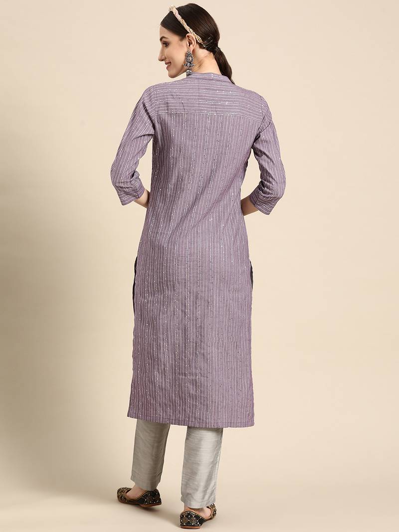 Mohvogue Women's Purple Striped Woven Design Cotton Blend Kurta.