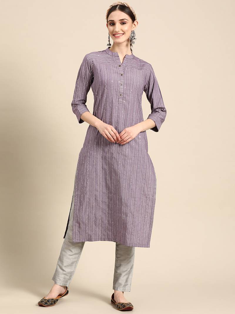 Mohvogue Women's Purple Striped Woven Design Cotton Blend Kurta.