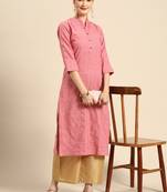 Mohvogue Women's Pink Striped Woven Design Cotton Blend Kurta.