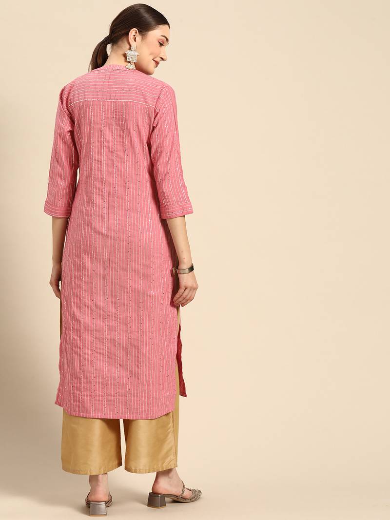 Mohvogue Women's Pink Striped Woven Design Cotton Blend Kurta.