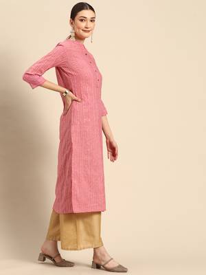 Mohvogue Women's Pink Striped Woven Design Cotton Blend Kurta. 3