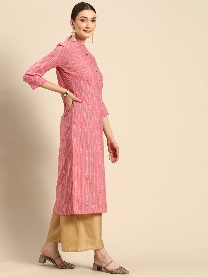 Mohvogue Women's Pink Striped Woven Design Cotton Blend Kurta.