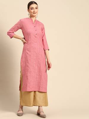 Mohvogue Women's Pink Striped Woven Design Cotton Blend Kurta. 4