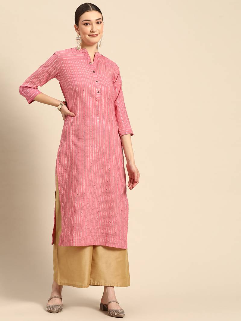 Mohvogue Women's Pink Striped Woven Design Cotton Blend Kurta.