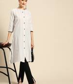 Mohvogue Women's White Woven Design Cotton Blend Kurta.