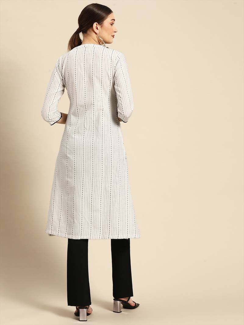 Mohvogue Women's White Woven Design Cotton Blend Kurta.