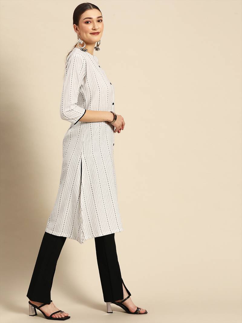 Mohvogue Women's White Woven Design Cotton Blend Kurta.