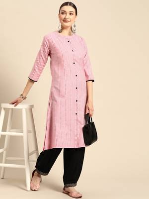 Mohvogue Women's Pink Woven Design Cotton Blend Kurta. 1
