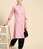 Mohvogue Women's Pink Woven Design Cotton Blend Kurta.