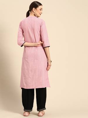 Mohvogue Women's Pink Woven Design Cotton Blend Kurta. 2