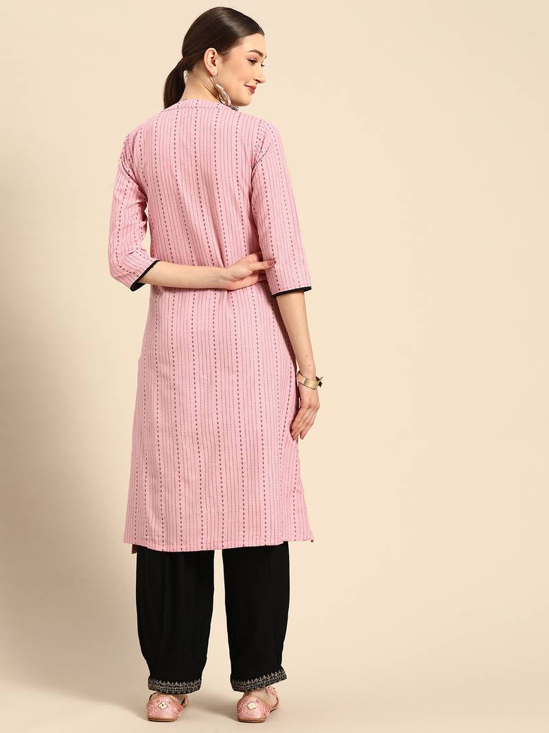 Mohvogue Women's Pink Woven Design Cotton Blend Kurta.