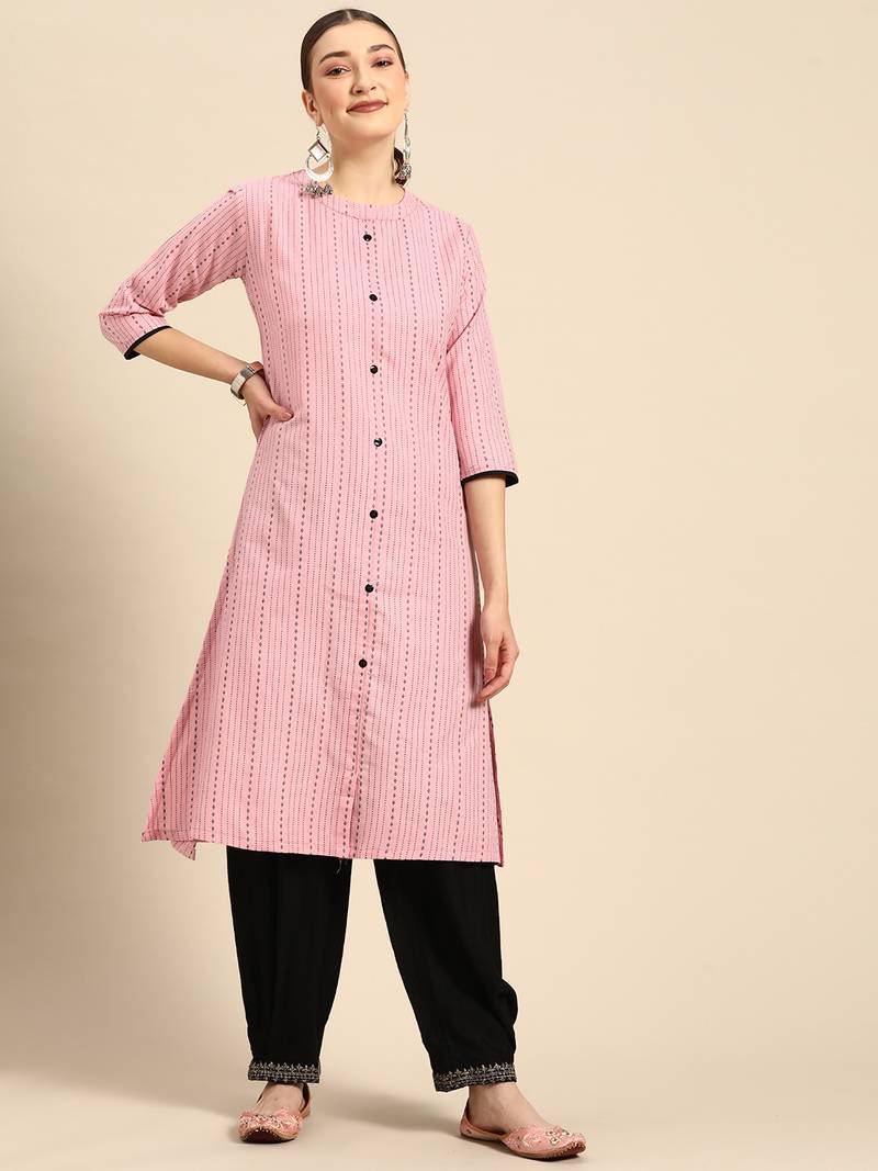 Mohvogue Women's Pink Woven Design Cotton Blend Kurta.
