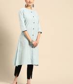 Mohvogue Women's Blue Woven Design Cotton Blend Kurta.