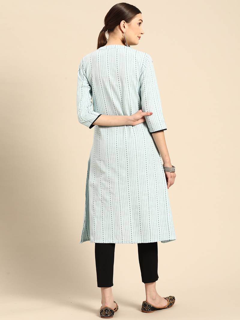 Mohvogue Women's Blue Woven Design Cotton Blend Kurta.