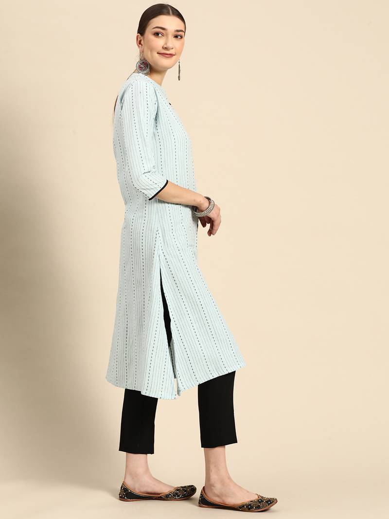 Mohvogue Women's Blue Woven Design Cotton Blend Kurta.