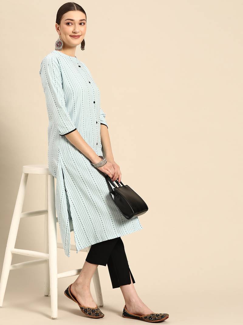 Mohvogue Women's Blue Woven Design Cotton Blend Kurta.