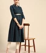 Mohvogue Women's Blue Woven Design Cotton Blend Kurta.