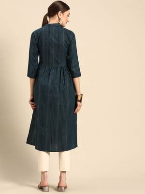 Mohvogue Women's Blue Woven Design Cotton Blend Kurta. 2