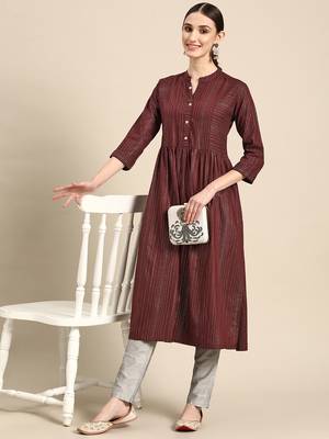 Mohvogue Women's Maroon Woven Design Cotton Blend Kurta. 1