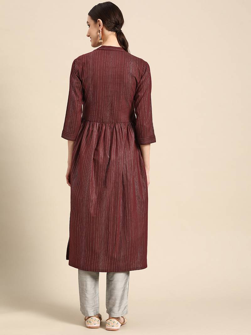 Mohvogue Women's Maroon Woven Design Cotton Blend Kurta.
