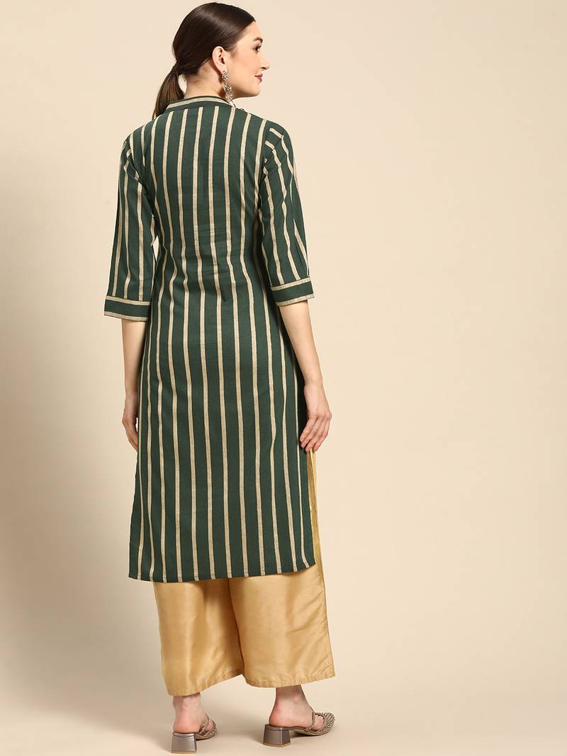 Mohvogue Women's Green Woven Design Cotton Blend Kurta.