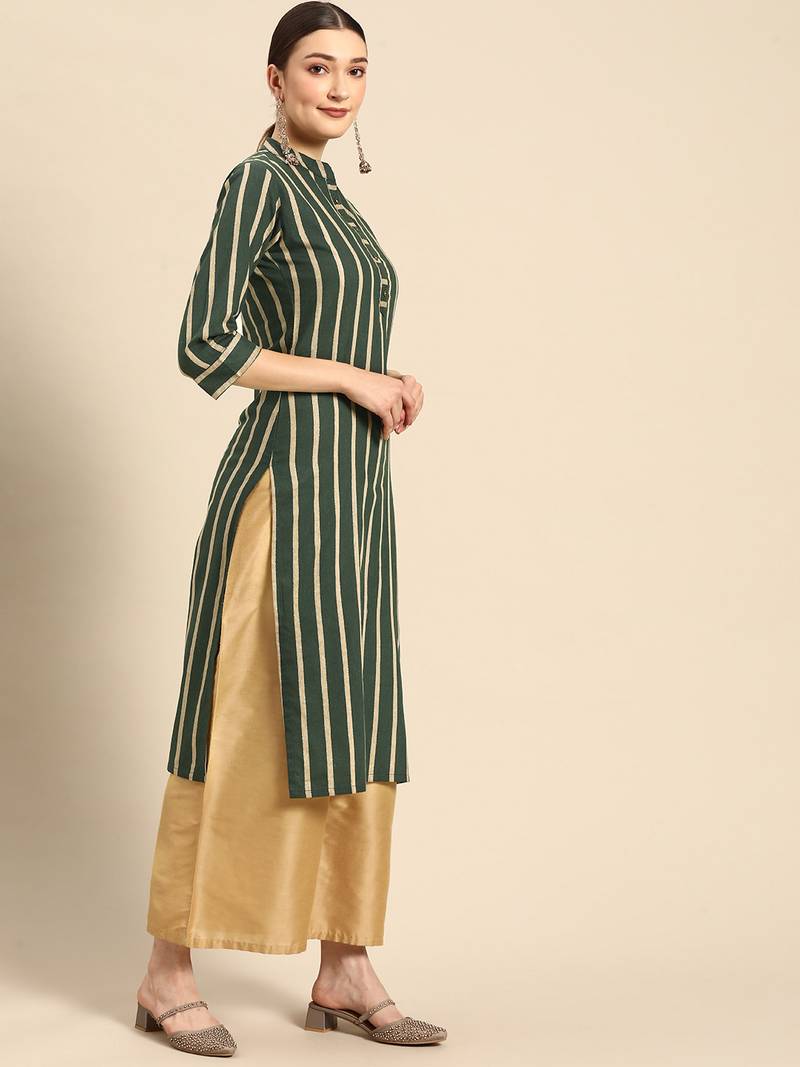 Mohvogue Women's Green Woven Design Cotton Blend Kurta.