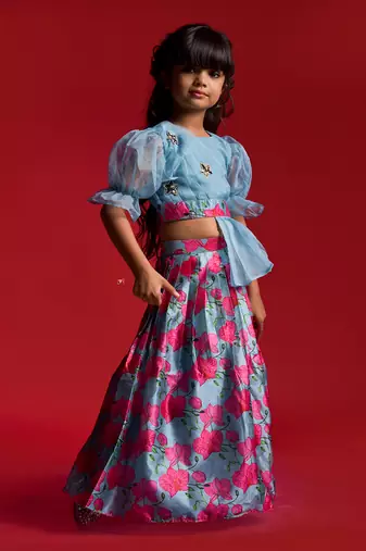 Puffed Sleeves crop top with Lahenga