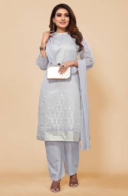 Women's Grey Ethnic Motifs Printed Chanderi Cotton Kurta with Trousers And With Dupatta. 1