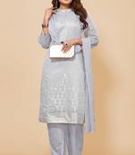 Women's Grey Ethnic Motifs Printed Chanderi Cotton Kurta with Trousers And With Dupatta.