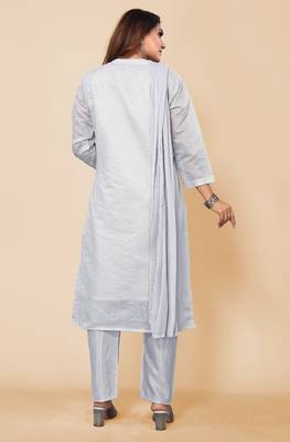 Women's Grey Ethnic Motifs Printed Chanderi Cotton Kurta with Trousers And With Dupatta. 2