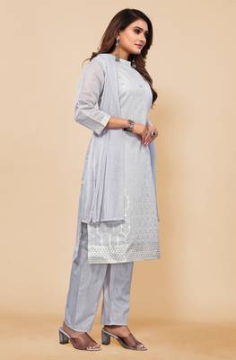 Women's Grey Ethnic Motifs Printed Chanderi Cotton Kurta with Trousers And With Dupatta. 3