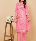 Women's Pink Ethnic Motifs Printed Chanderi Cotton Kurta with Trousers And With Dupatta.