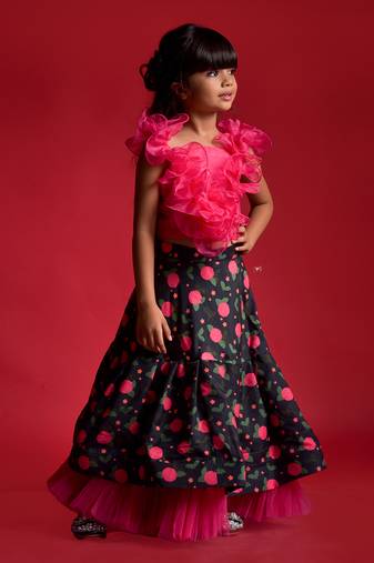Flowered Ghagra with Frilled Organza Top