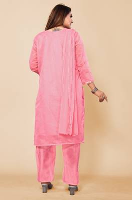 Women's Pink Ethnic Motifs Printed Chanderi Cotton Kurta with Trousers And With Dupatta. 2
