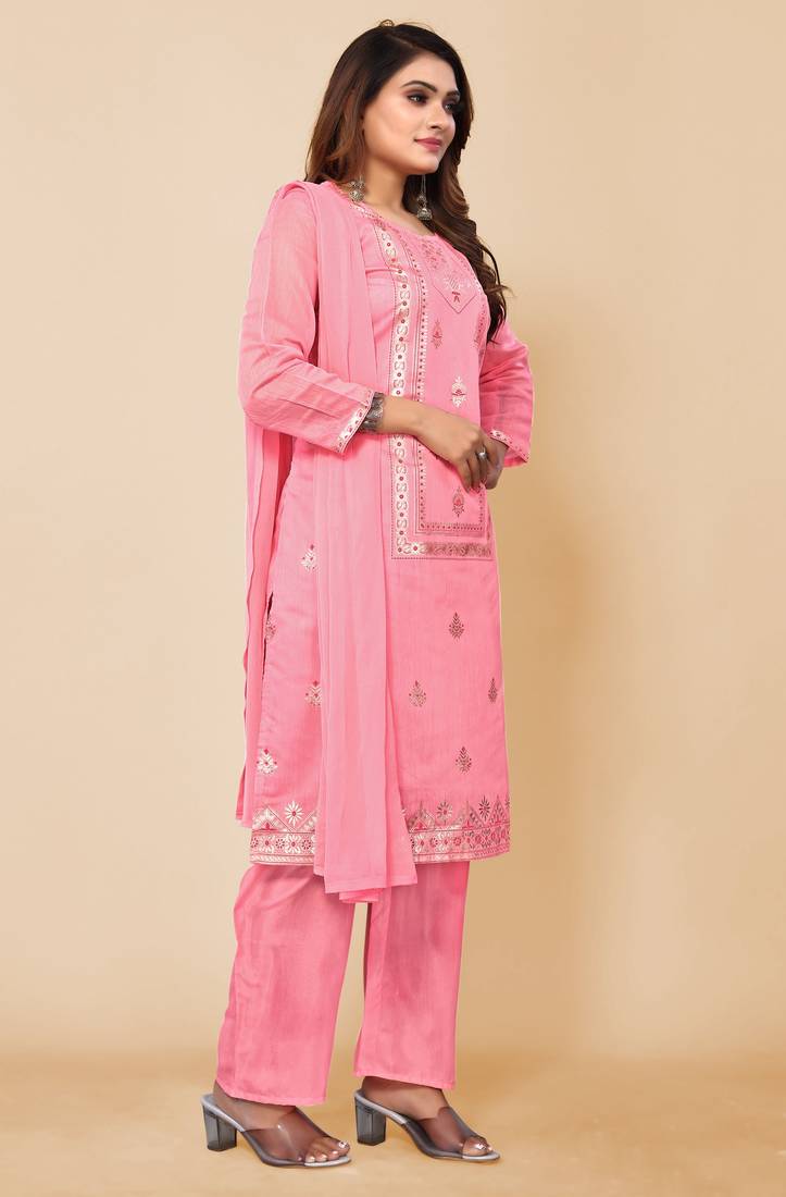 Women's Pink Ethnic Motifs Printed Chanderi Cotton Kurta with Trousers And With Dupatta.