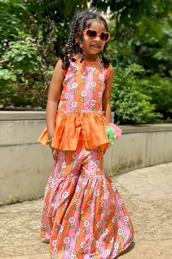 Peplum Kurta with Sharara and Hangings