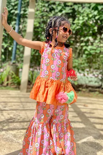 Peplum Kurta with Sharara and Hangings