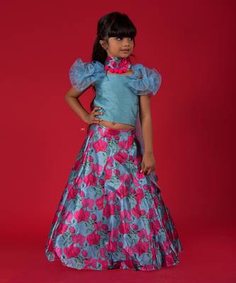 Ruffled Sleeves crop top with dupatta and Lahenga 2